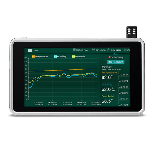 Extech RH550 Humidity Temperature Chart Recorder front view touchscreen with temperature humidity graph.