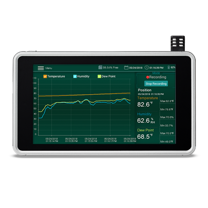 Extech RH550 Humidity Temperature Chart Recorder front view touchscreen with temperature humidity graph.
