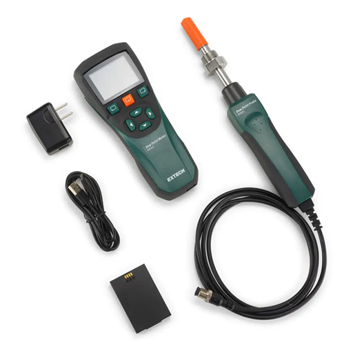 Extech Rh600 Dew Point Meter complete kit top view detached probe and accessories.