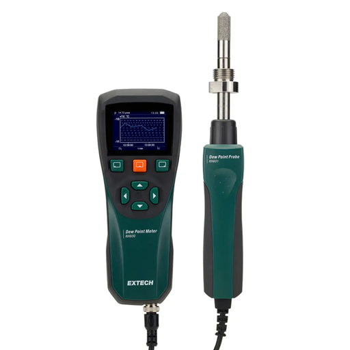Extech Rh600 Dew Point Meter front view attached probe graph display.