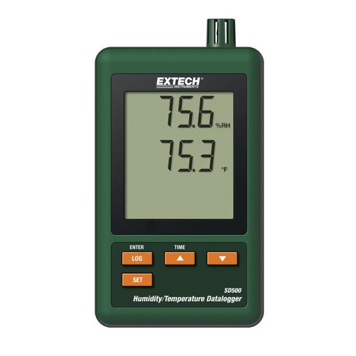 Extech SD500 front view digital display orange buttons.