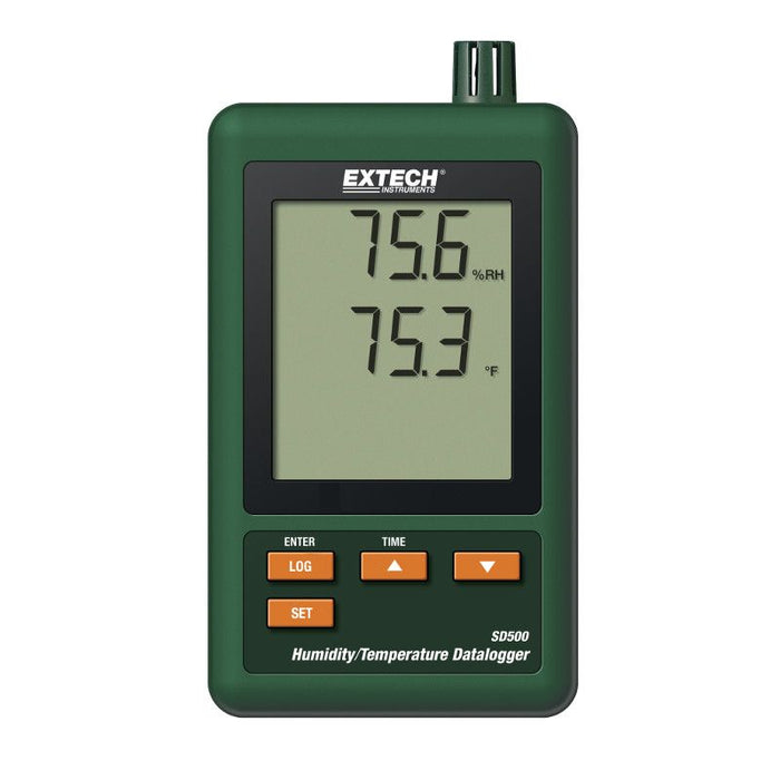 Extech SD500 front view digital display orange buttons.