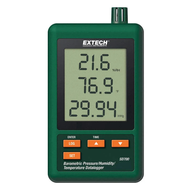 Extech SD700 front view digital display humidity temperature barometric logger.