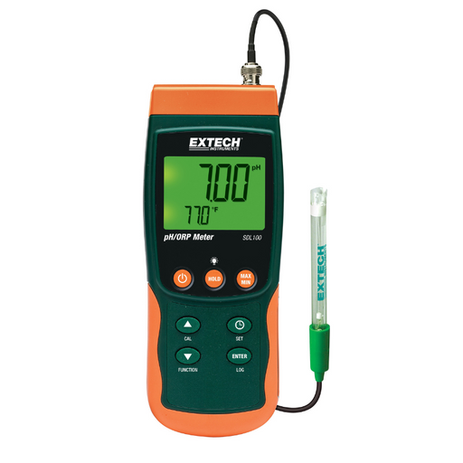 Extech SDL100 ph orp temperature meter front view orange green black display.