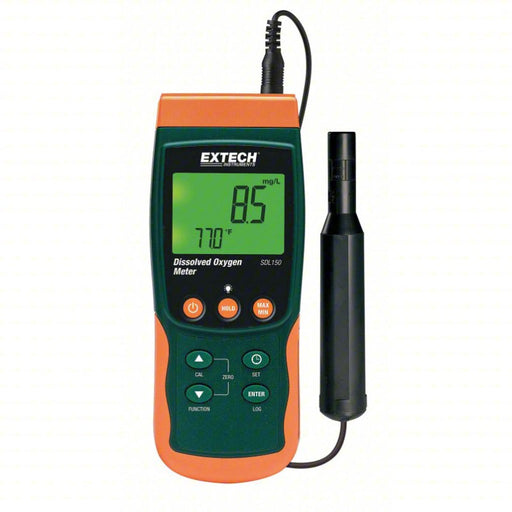 Extech SDL150 front view orange and green body digital display with probe.