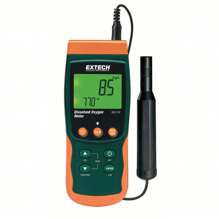 Extech SDL150 front view orange and green body digital display with probe.