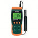 Extech SDL150 front view orange and green body digital display with probe.