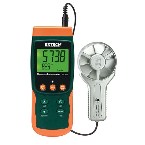 Extech SDL300 metal vane thermo anemometer front view digital display sensor probe.