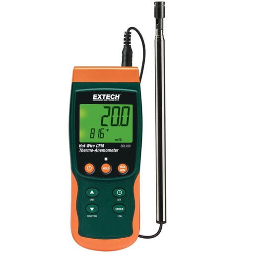 Extech SDL350 NIST front view orange green case lcd screen hot wire probe.