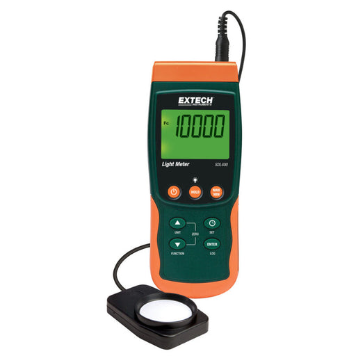 Extech SDL400 NIST front view orange green light meter display 10000fc.
