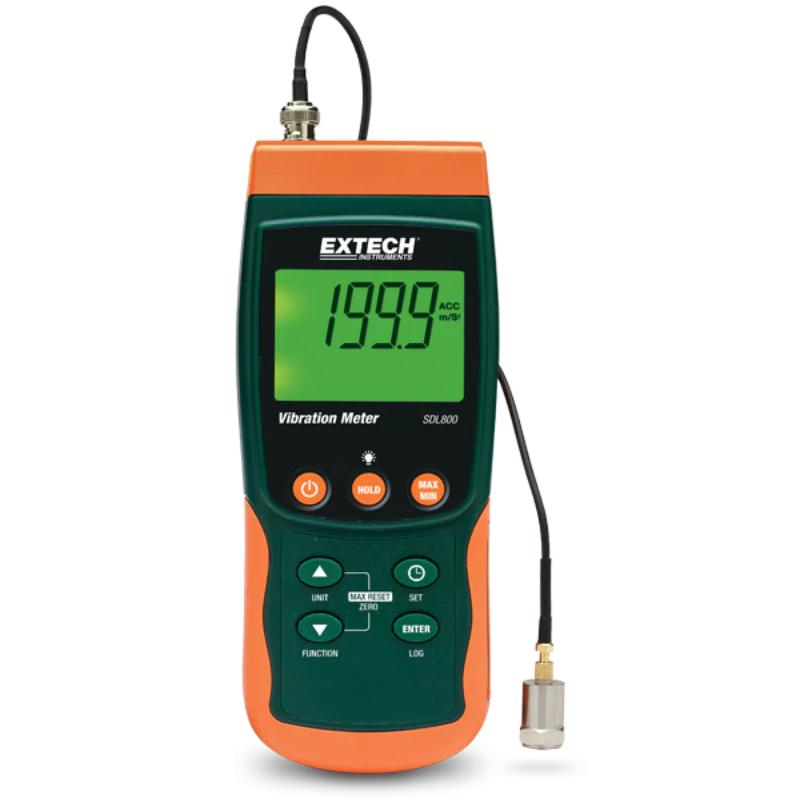 Extech SDL800 NIST Vibration Meter SD Logger front view orange green body large display sensor attached