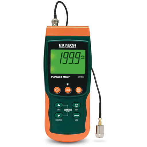 Extech SDL800 NIST Vibration Meter SD Logger front view orange green body large display sensor attached