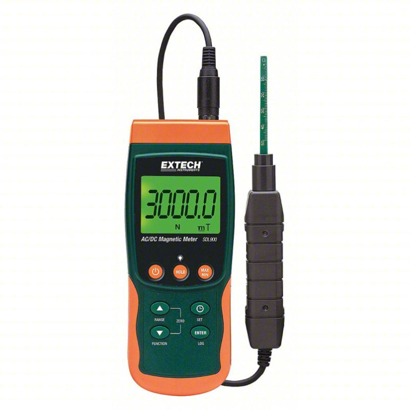 Extech SDL900 front view orange green case digital display probe attached.