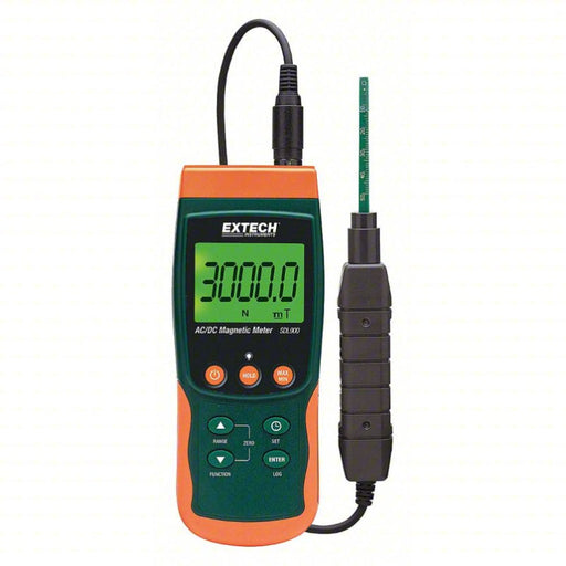 Extech SDL900 front view orange green case digital display probe attached.