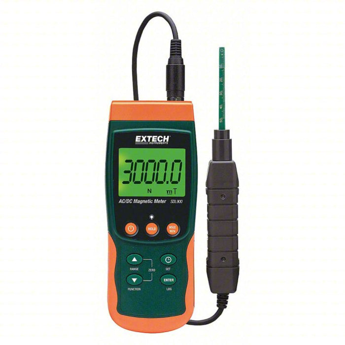 Extech SDL900 front view orange green case digital display probe attached.
