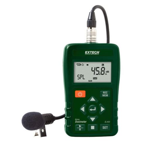 Extech SL400 personal noise dosimeter front view digital display USB cable