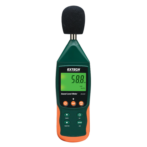 Extech Sdl600 Nist front view sound level meter green orange body digital display.