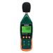 Extech Sdl600 Nist front view sound level meter green orange body digital display.