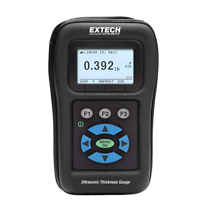 Extech TKG150 Ultrasonic Thickness Gauge front view black case digital display green buttons