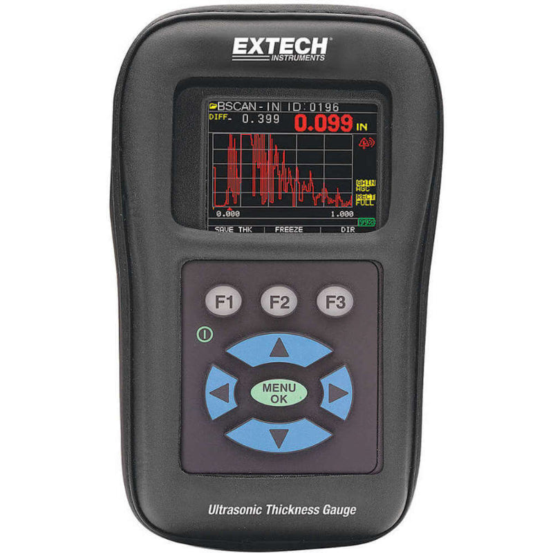 Extech TKG250 front view color display ultrasonic thickness gauge.