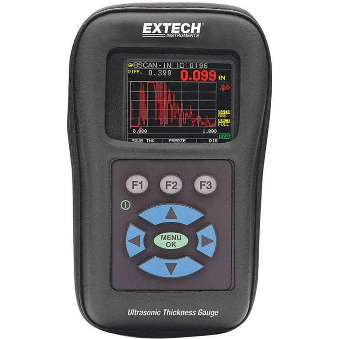 Extech TKG250 front view color display ultrasonic thickness gauge.