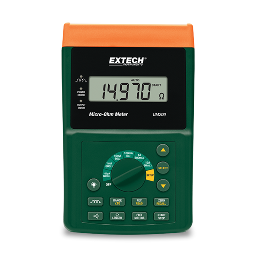 Extech UM200 NIST front view digital display green case orange top.