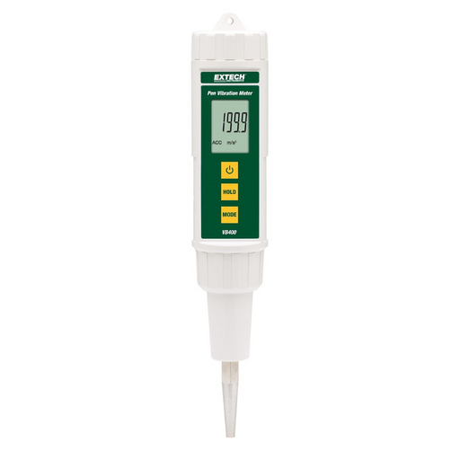 Extech VB400 Pen Vibration Meter front view digital display yellow buttons white body.