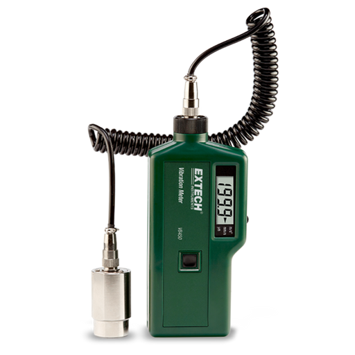 Extech VB450 front view green body digital display attached sensor.
