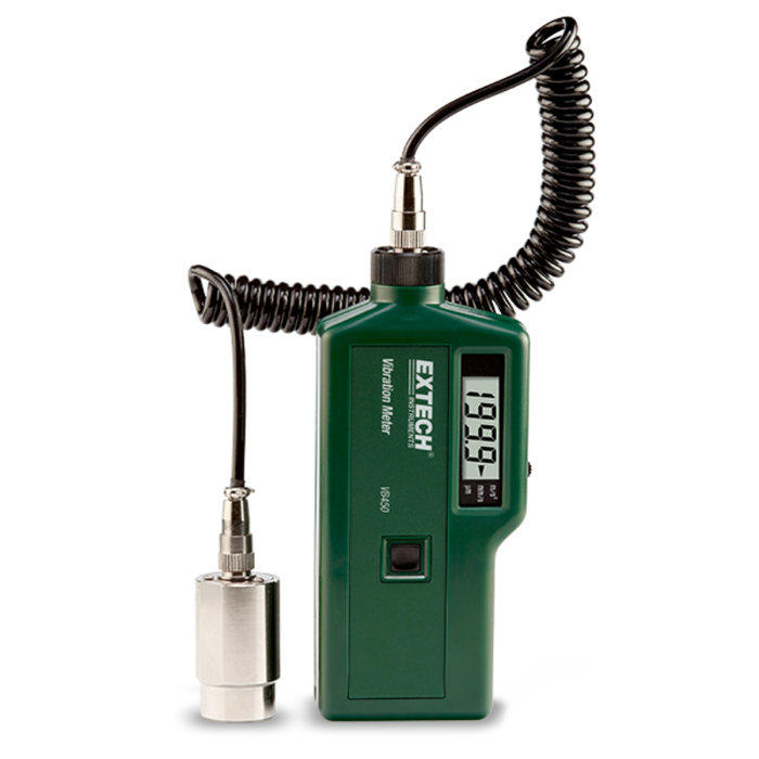 Extech VB450 front view green body digital display attached sensor.