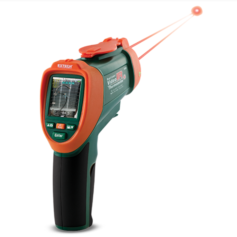 Extech VIR50 Dual Laser IR Video Thermometer angled view red laser beam lcd screen green and orange body.