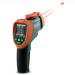 Extech VIR50 Dual Laser IR Video Thermometer angled view red laser beam lcd screen green and orange body.