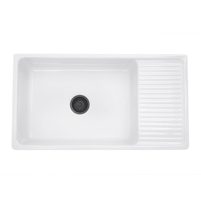 Nantucket Sinks FCFS36-DB 36" Italian Farmhouse Fireclay Sink with Built-In Drainboard