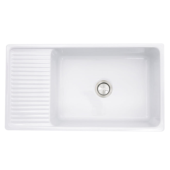 Nantucket Sinks FCFS36-DB 36" Italian Farmhouse Fireclay Sink with Built-In Drainboard