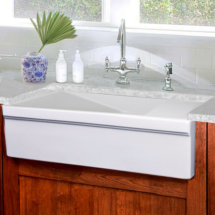 Nantucket Sinks FCFS36-DB 36" Italian Farmhouse Fireclay Sink with Built-In Drainboard