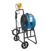Fa 420k6 blue warehouse dock trailer fan with mobile trolley back left angle view.