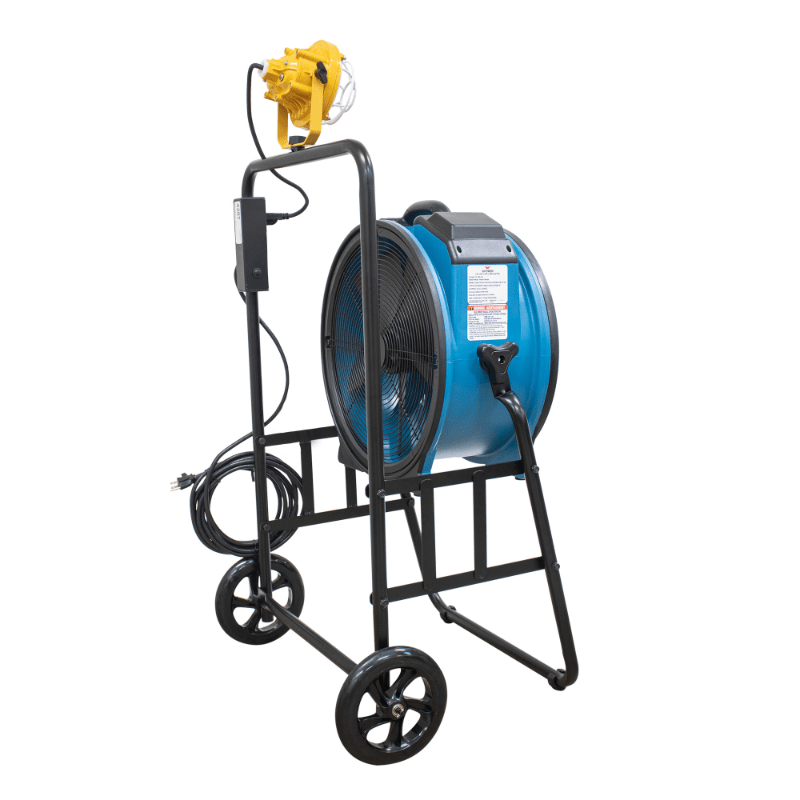 Fa 420k6 blue warehouse dock trailer fan with mobile trolley back left angle view.