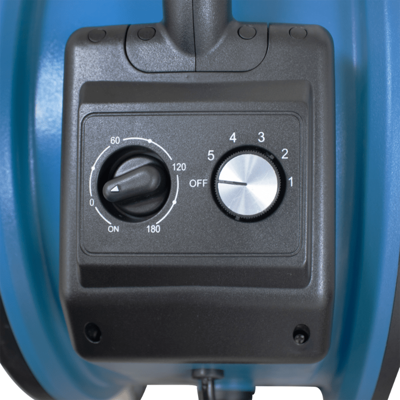 Fa 420k6 blue warehouse dock trailer fan with mobile trolley control panel.