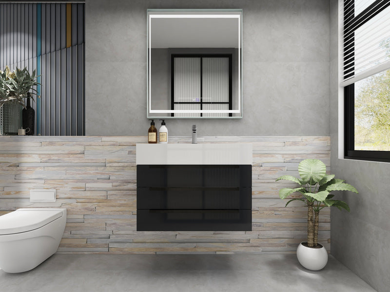 Bethany 30" Wall Mounted Floating Bathroom Vanity with Reinforced Acrylic Sink in Gloss Gray with Black Handles | Better Vanity Bath Vanities