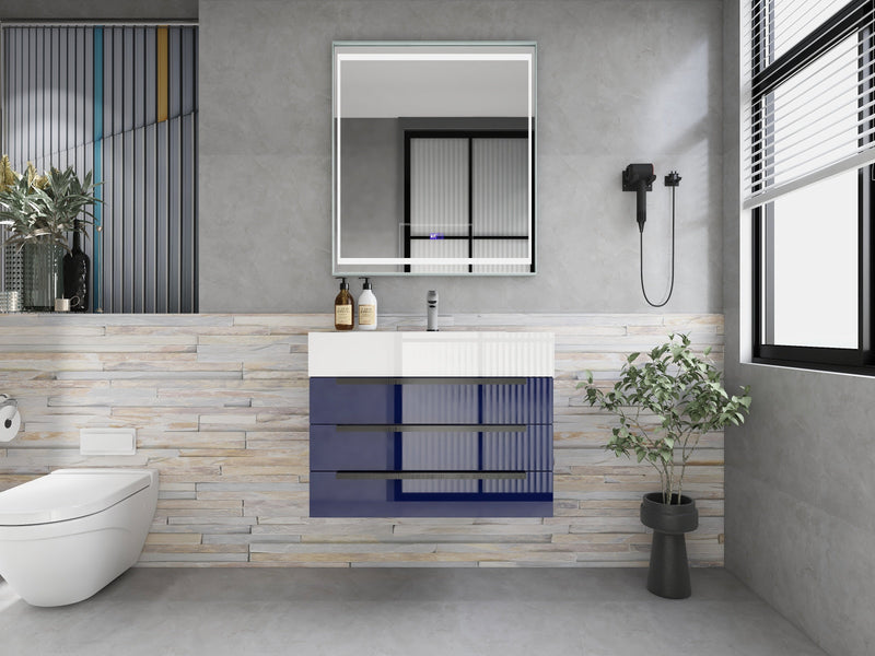 Bethany 30" Floating Bathroom Vanity with Reinforced Acrylic Sink in Night Blue Gloss with Black Handles | Better Vanity Bath Vanities