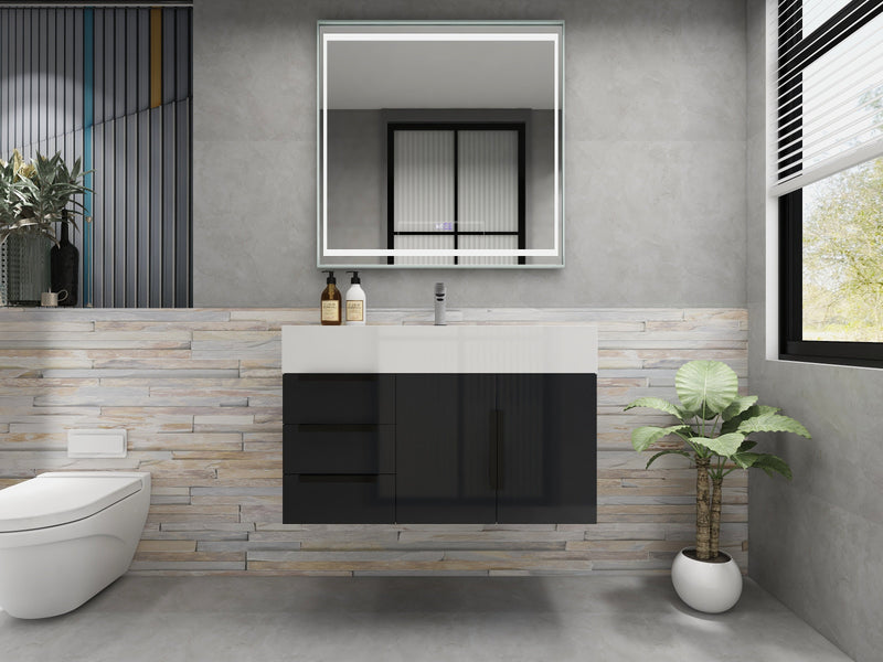 Bethany 36" Wall Mounted Floating Bathroom Vanity with Reinforced Acrylic Sink in Gloss Gray with Black Handles | Better Vanity Bath Vanities