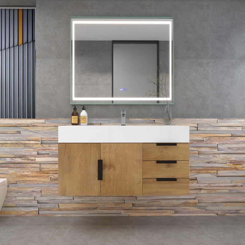 Bethany 42" Wall-Mounted Floating Bathroom Vanity with Reinforced Acrylic Sink in Teak Oak with Black Handles | Better Vanity Bath Vanities