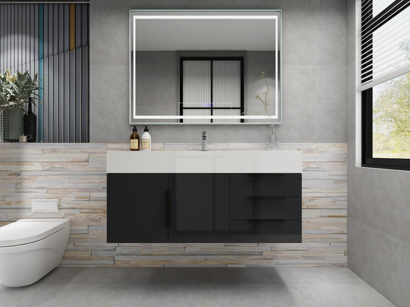 Bethany 48" Wall Mounted Floating Bathroom Vanity with Reinforced Acrylic Sink in Gloss Gray with Black Handles | Better Vanity Bath Vanities
