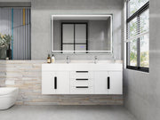 Bethany 60" Wall-Mounted Floating Bathroom Vanity with Reinforced Acrylic Double Sink in Gloss White with Black Handles | Better Vanity Bath Vanities