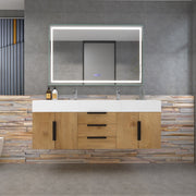Bethany 60" Wall-Mounted Floating Bathroom Vanity with Reinforced Acrylic Double Sink in Teak Oak with Black Handles | Better Vanity Bath Vanities