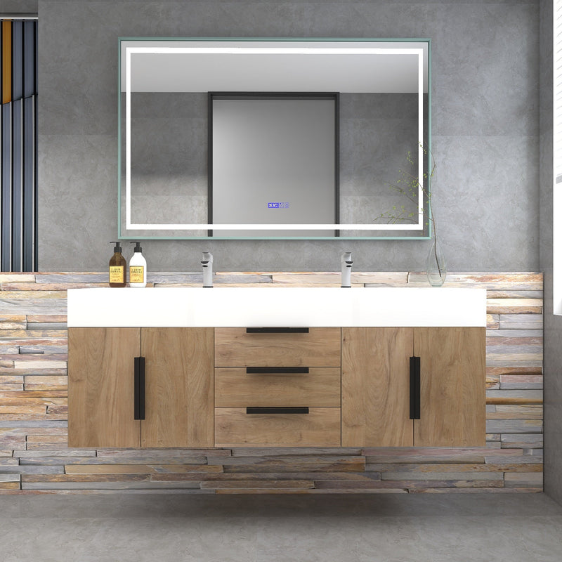 Bethany 60" Wall-Mounted Floating Bathroom Vanity with Reinforced Acrylic Double Sink in White Oak with Black Handles | Better Vanity Bath Vanities