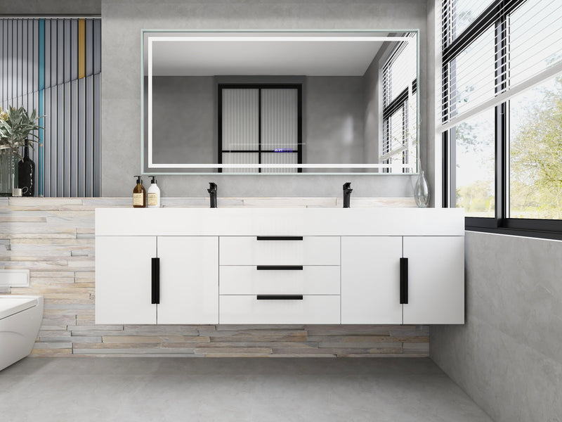 Bethany 72" Wall-Mounted Floating Bathroom Vanity with Reinforced Acrylic Double Sink in Gloss White with Black Handles | Better Vanity Bath Vanities