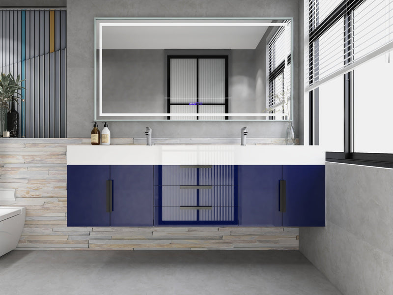 Bethany 72" Floating Bathroom Vanity with Reinforced Acrylic Double Sink in Night Blue Gloss with Black Handles | Better Vanity Bath Vanities