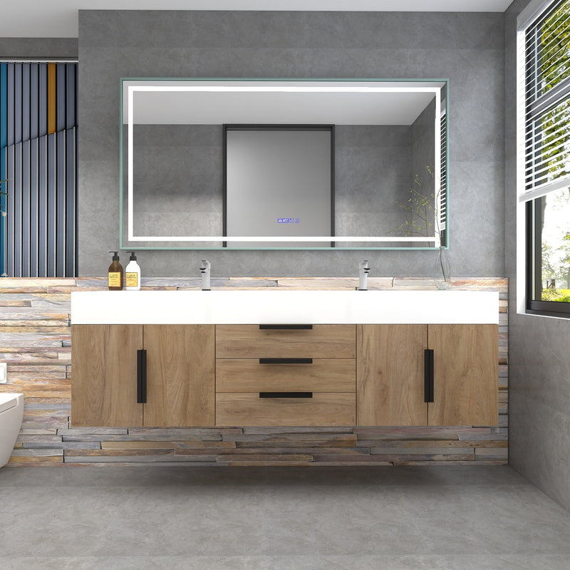 Bethany 72" Wall-Mounted Floating Bathroom Vanity with Reinforced Acrylic Double Sink in White Oak with Black Handles | Better Vanity Bath Vanities