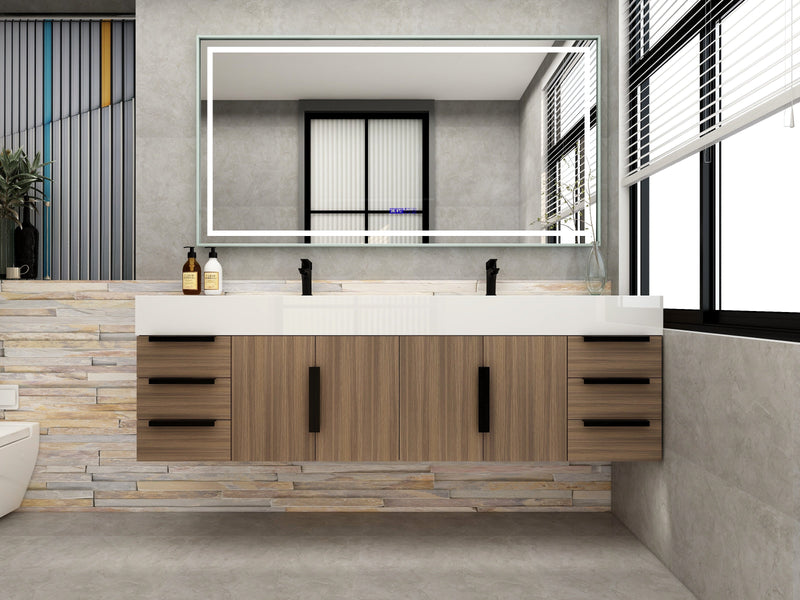 Bethany 72" Floating Bathroom Vanity with Reinforced Acrylic Double Sink in Rosewood with Black Handles | Better Vanity Bath Vanities