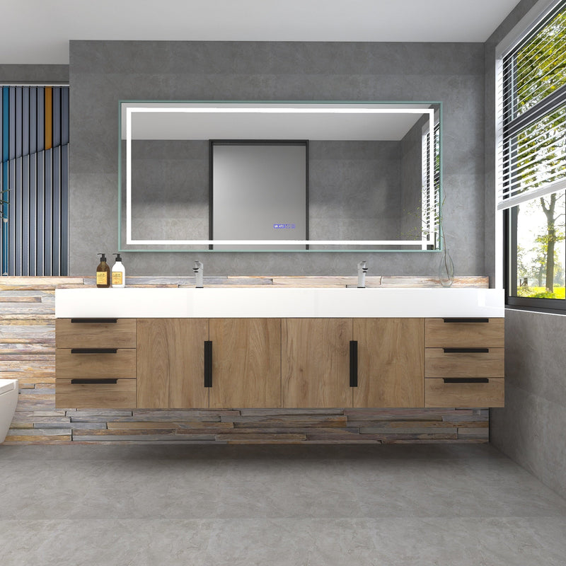 Bethany 84" Wall-Mounted Floating Bathroom Vanity with Reinforced Acrylic Double Sink in White Oak with Black Handles | Better Vanity Bath Vanities